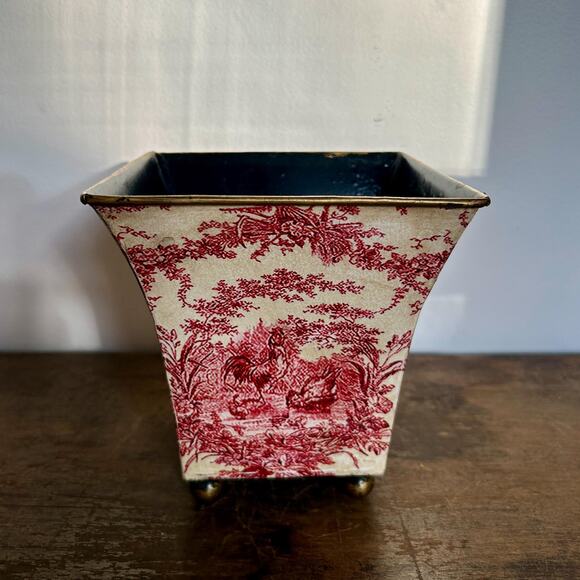 Vintage Red Toile Square Metal Planter | Urn Planter | French Decor - Picture 1 of 4